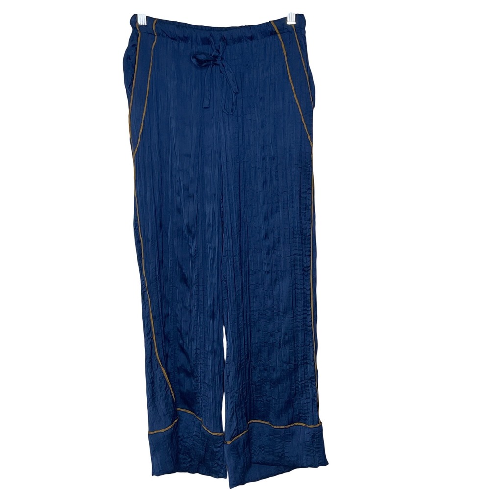 Free People Navy Blue Crinkle Satin Wide Leg Pants Contrast Piping‎ Small